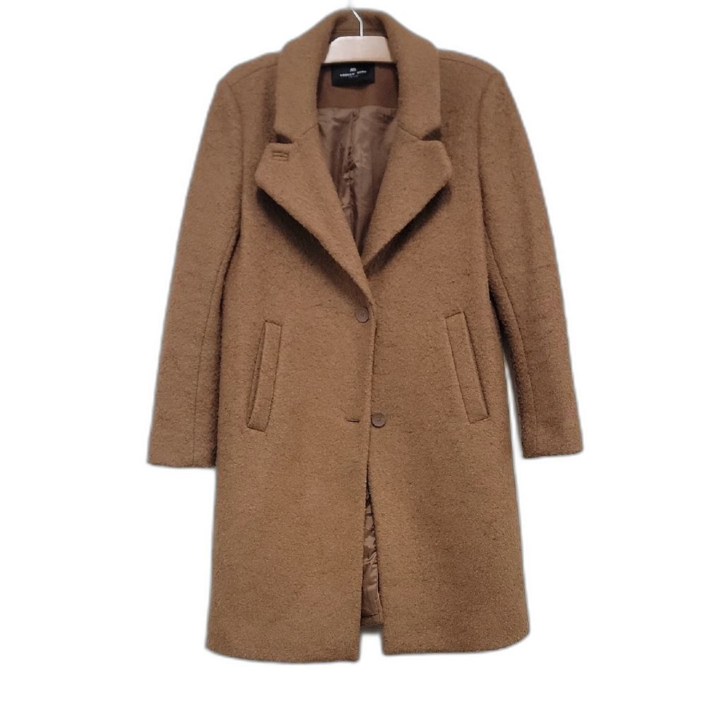 Andrew Marc Camel Boucle Wool Midi Coat Structured Size L Quiet Luxury